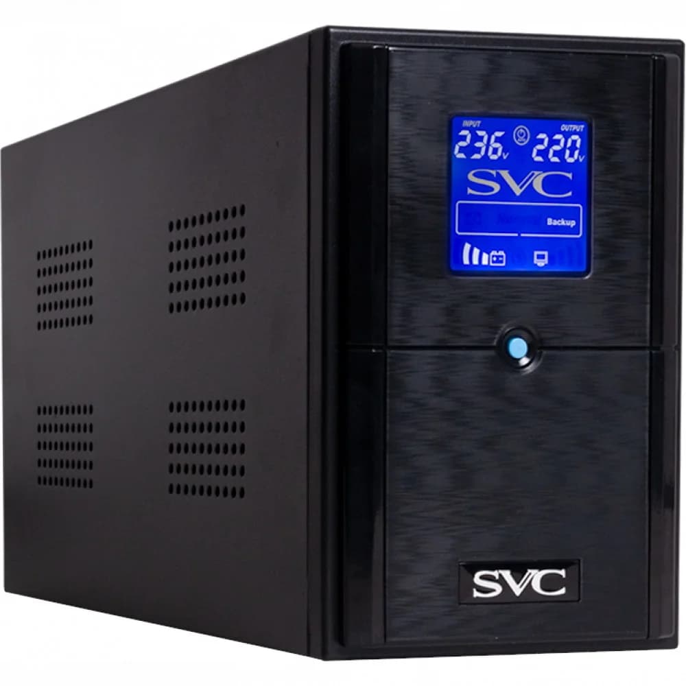 Источник бесперебойного питания, SVC, V-1500-L-LCD, Мощность: 1500ВА/900Вт, Диапазон работы AVR: 165-275В, Бат.: 12В/9 Ач*2шт., 3 вых.: Shuko CEE7, Чёрный