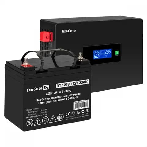 Комплект ИБП EX295992RUS + батарея 33Aч EX282974RUS 1шт (инвертор, синус, для котла, PF=1, настенный) ExeGate IdealSine SR-600.LCD.2SH <600VA/600W, чистая синусоида, цветной LCD-дисплей, 2*Schuko, к