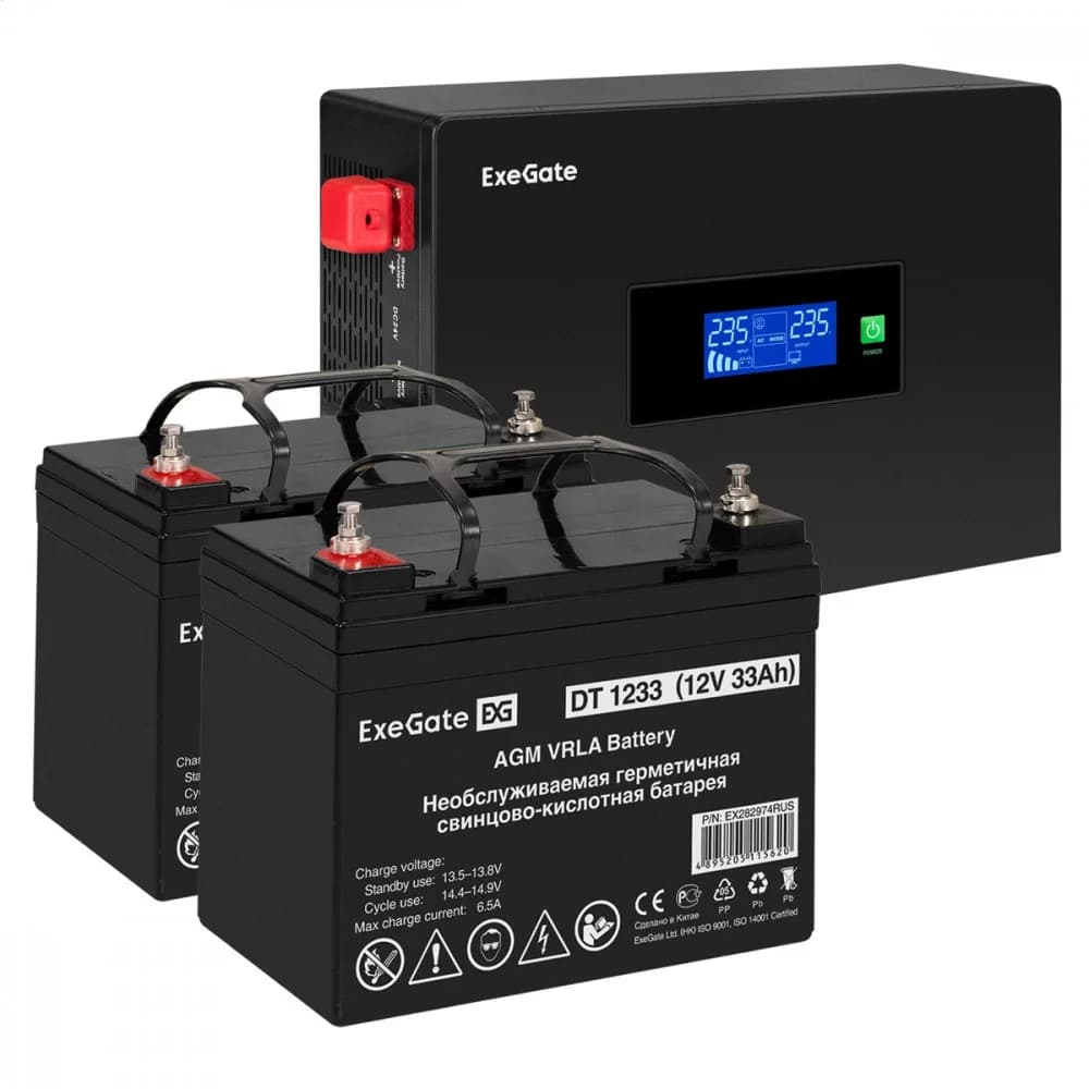 Комплект ИБП EX295994RUS + батарея 33Aч EX282974RUS 2шт (инвертор, синус, для котла, PF=1, настенный) ExeGate IdealSine SR-1500.LCD.2SH <1500VA/1500W, чистая синусоида, цветной LCD-дисплей, 2*Schuko