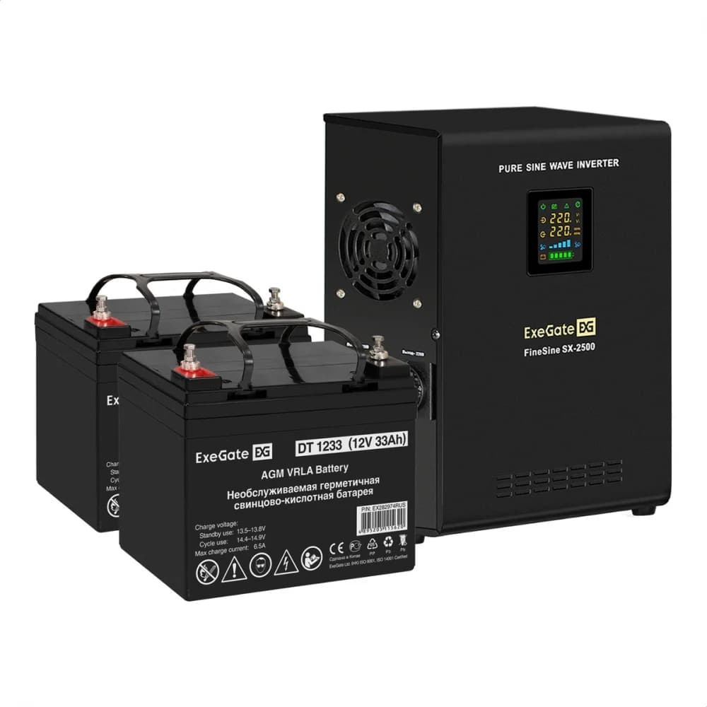 Комплект ИБП EX296002RUS + батарея 33Aч EX282974RUS 2шт (инвертор, синус, для котла, настенный) ExeGate FineSine SX-2500.LCD.AVR.2SH <2500VA/1800W, чистая синусоида, цветной LCD-дисплей, AVR, 2*Schu