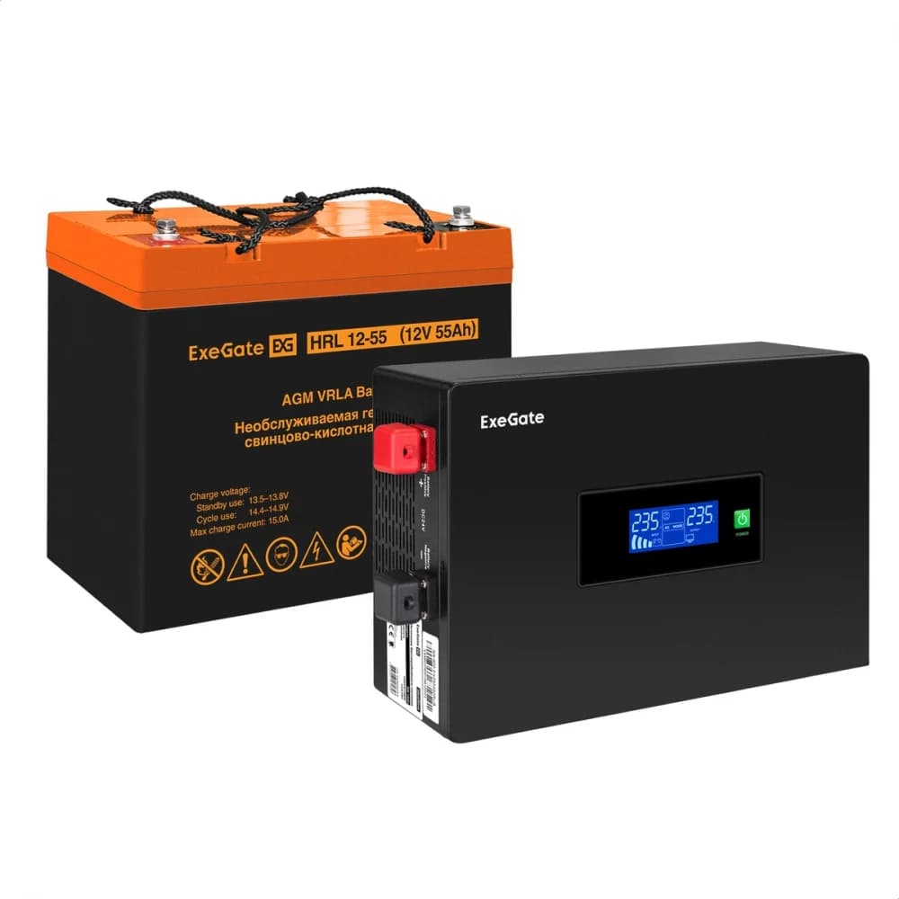 Комплект ИБП EX295992RUS + батарея 55Aч EX285652RUS 1шт инвертор, синус, для котла, PF=1, настенный) ExeGate IdealSine SR-600.LCD.2SH <600VA/600W, чистая синусоида, цветной LCD-дисплей, 2*Schuko, кр