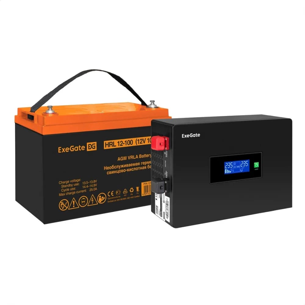 Комплект ИБП EX295992RUS + батарея 100Aч EX285656RUS 1шт инвертор, синус, для котла, PF=1, настенный) ExeGate IdealSine SR-600.LCD.2SH <600VA/600W, чистая синусоида, цветной LCD-дисплей, 2*Schuko, к