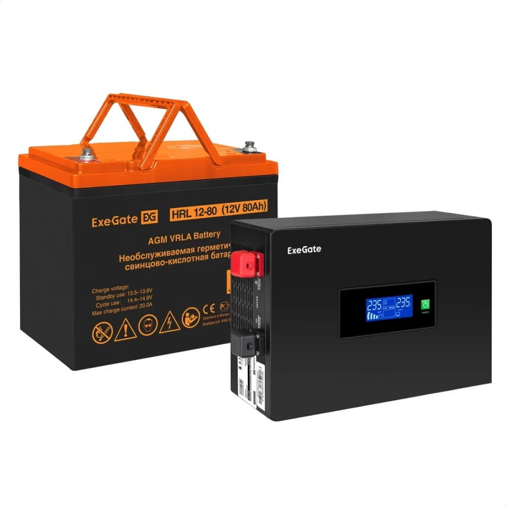 Комплект ИБП EX295993RUS + батарея 80Aч EX285654RUS 1шт инвертор, синус, для котла, PF=1, настенный) ExeGate IdealSine SR-1000.LCD.2SH <1000VA/1000W, чистая синусоида, цветной LCD-дисплей, 2*Schuko