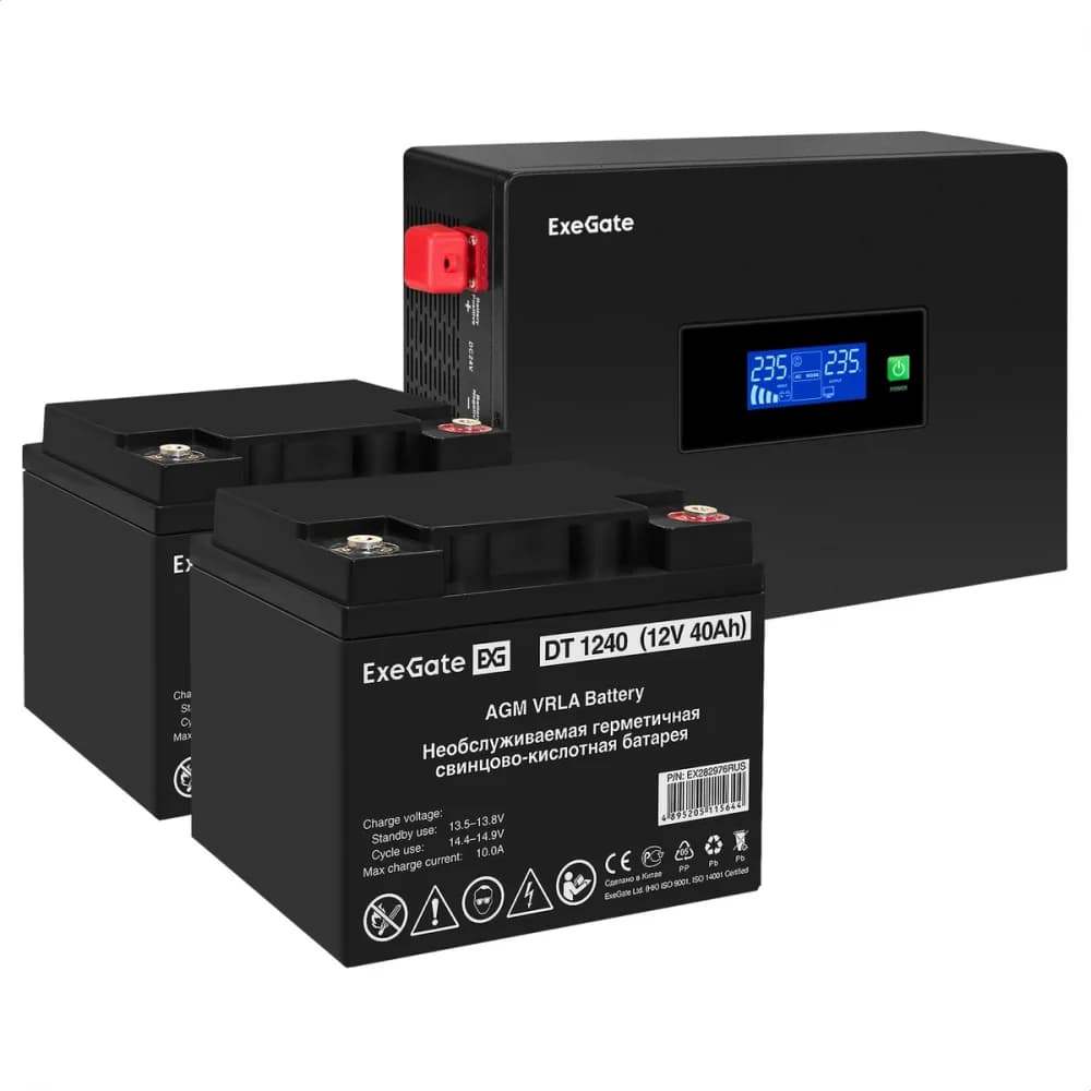 Комплект ИБП EX295994RUS + батарея 40Aч EX282976RUS 2шт инвертор, синус, для котла, PF=1, настенный) ExeGate IdealSine SR-1500.LCD.2SH <1500VA/1500W, чистая синусоида, цветной LCD-дисплей, 2*Schuko