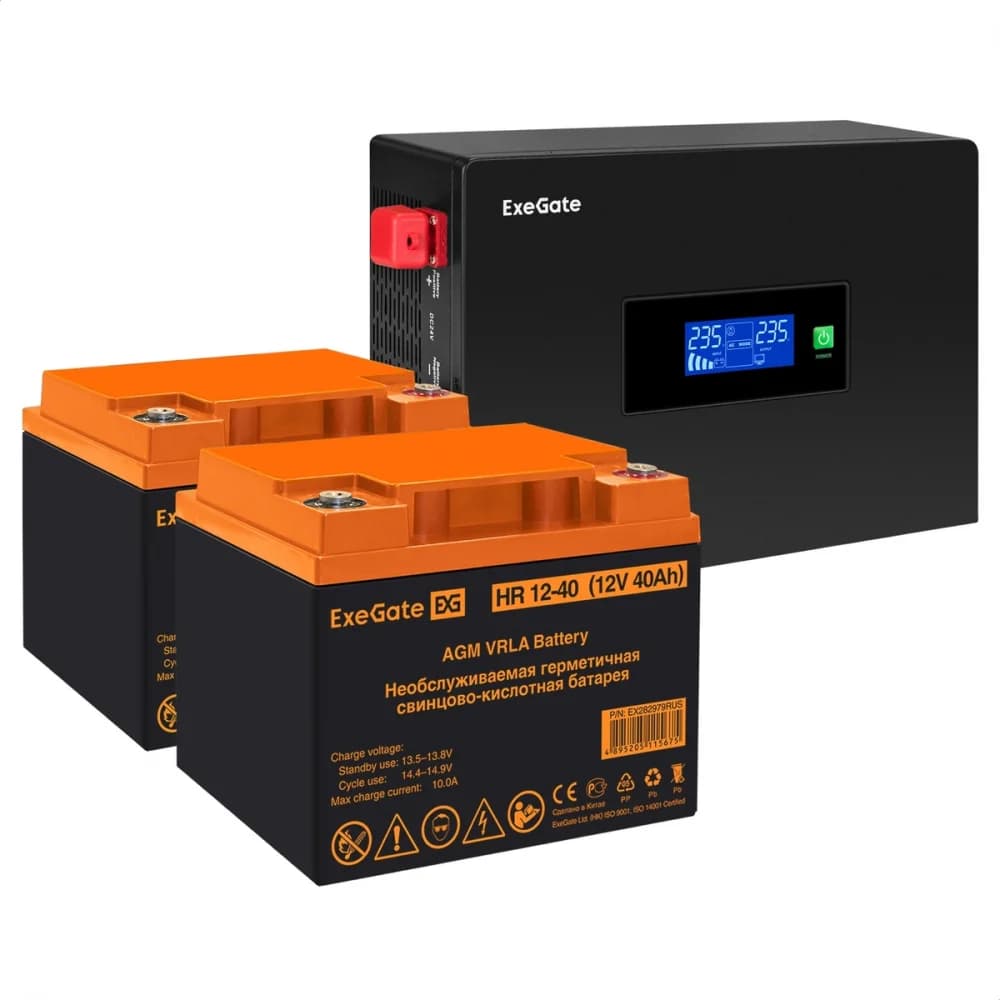Комплект ИБП EX295994RUS + батарея 40Aч EX282979RUS 2шт инвертор, синус, для котла, PF=1, настенный) ExeGate IdealSine SR-1500.LCD.2SH <1500VA/1500W, чистая синусоида, цветной LCD-дисплей, 2*Schuko
