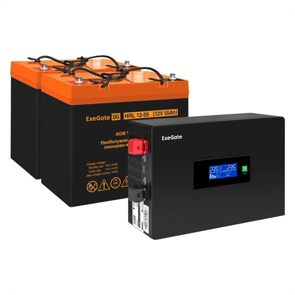 Комплект ИБП EX295994RUS + батарея 55Aч EX285652RUS 2шт инвертор, синус, для котла, PF=1, настенный) ExeGate IdealSine SR-1500.LCD.2SH <1500VA/1500W, чистая синусоида, цветной LCD-дисплей, 2*Schuko