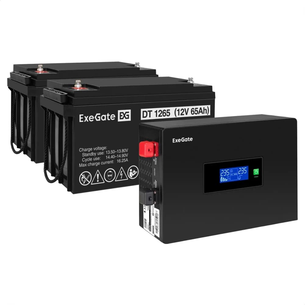 Комплект ИБП EX295994RUS + батарея 65Aч EX282980RUS 2шт инвертор, синус, для котла, PF=1, настенный) ExeGate IdealSine SR-1500.LCD.2SH <1500VA/1500W, чистая синусоида, цветной LCD-дисплей, 2*Schuko