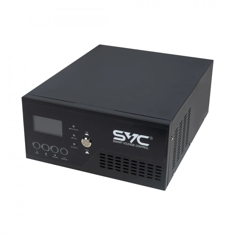 Инвертор, SVC, ES-1300-LCD, Мощность 1300ВА/1000Вт, Вход 12В и/или 220В, Выход 220В (Чистая синусоида на выходе), Диапазон работы AVR: 154-264±3В, Функция заряда батарей 19A, Чёрный