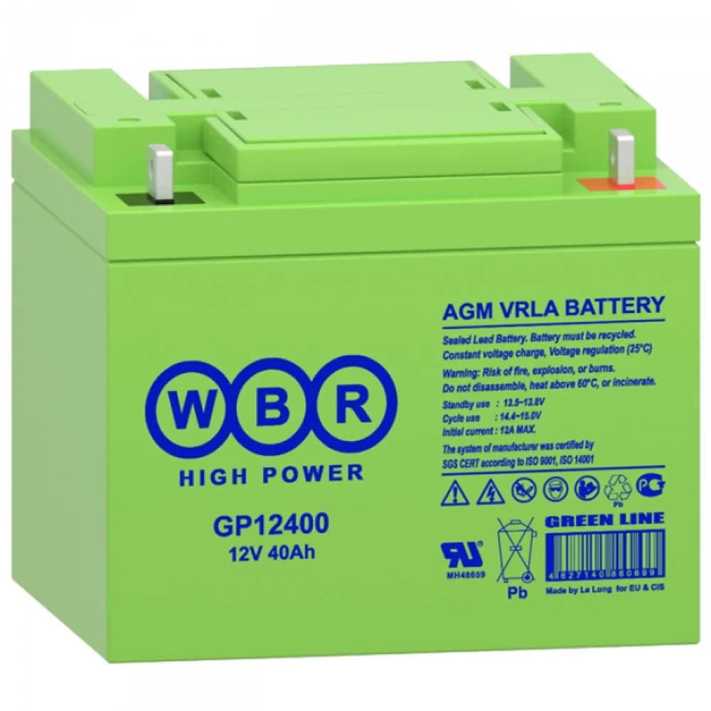 Аккумулятор WBR GP12400 Аккумуляторная батарея. Напряжение, B: 12.Емкость, Ач:40. Длина, мм:199. Ширина, мм:166 Высота, мм:171 Высота (с клеммами), мм:171. Вес, кг:13,5.Внутреннее сопротивление 7,5