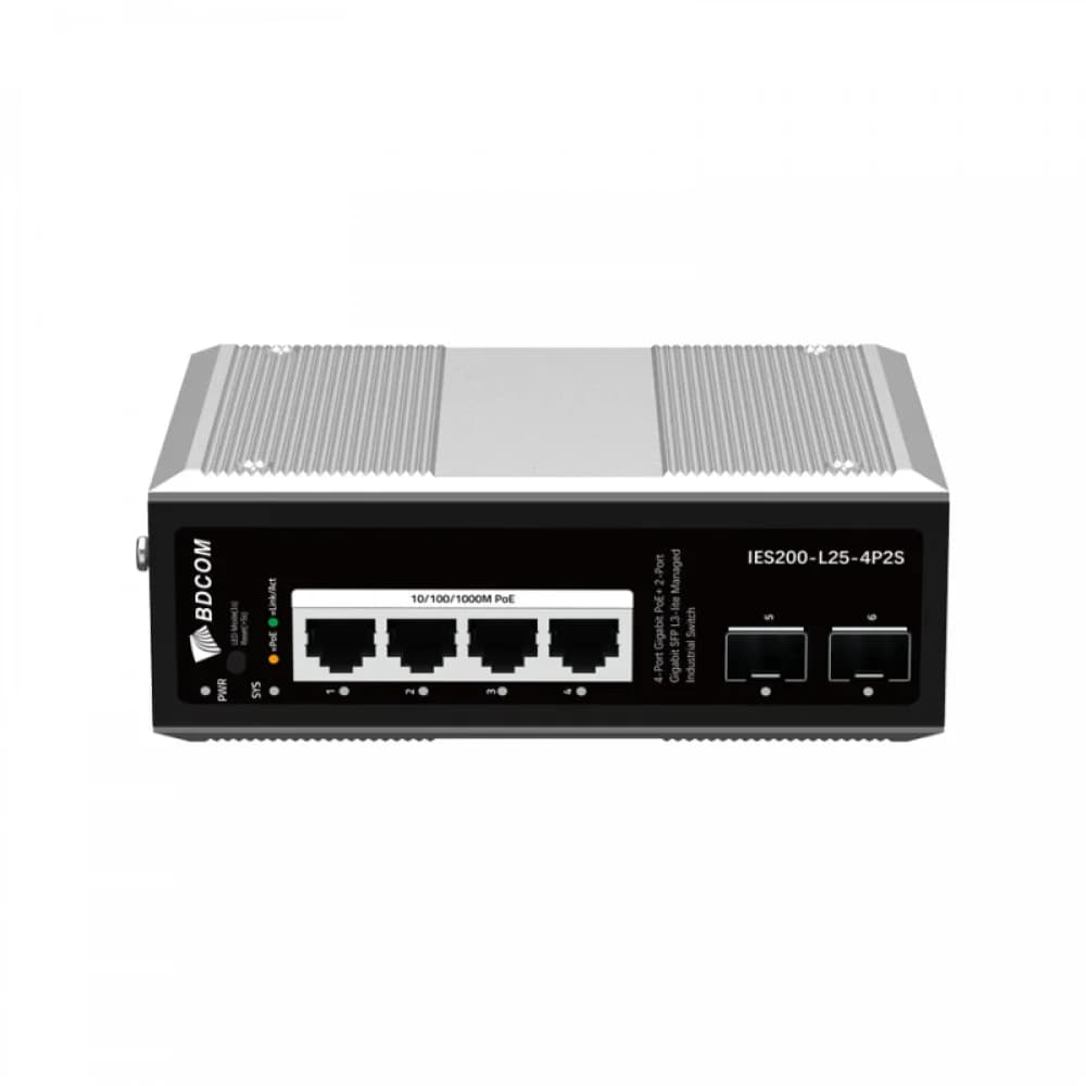 Коммутатор, BDCOM, IES200-L25-4P2S, Управляемый L3-lite, 4 порта 10/100/1000 RJ45, PoE 802.3af/at, бюджет POE 120В (зависит от БП), 2 порта SFP, DC 48-55В Dual RPS, вход DC12V, -40+75°C, DIN-rail, б
