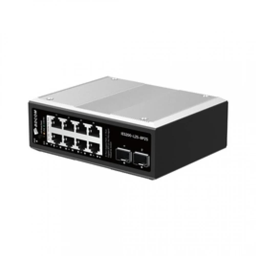 Коммутатор, BDCOM, IES200-L25-8P2S, Управляемый L3-lite, 8 портов 10/100/1000 RJ45, PoE 802.3af/at, бюджет POE 240В (зависит от БП), 2 порта SFP, DC 48-55В Dual RPS, вход DC12V, -40+75°C, DIN-rail,