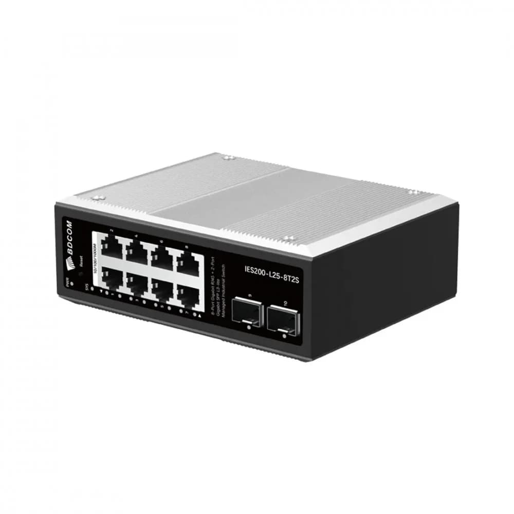 Коммутатор, BDCOM, IES200-L25-8T2S, Управляемый L3-lite, 8 портов 10/100/1000 RJ45, 2 порта SFP, DC 12-55В Dual RPS, вход DC12V, -40+75°C, DIN-rail