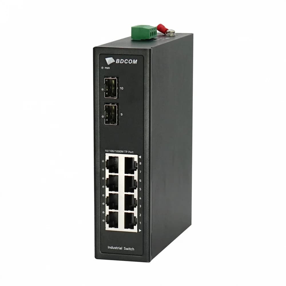 Коммутатор, BDCOM, IES200-LSTW2080, Неуправляемый, 8 портов 10/100/1000М RJ45, 2 порта SFP, DC 12-55В Dual RPS, -40+75°C, DIN-rail, без блока питания