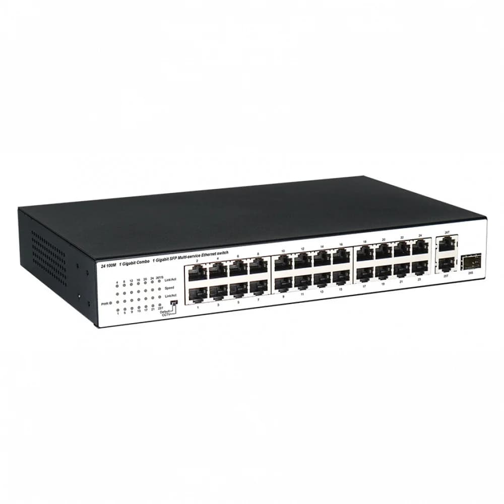 Коммутатор, BDCOM, S1226L, Неуправляемый, 24 порта 10/100M RJ45, 2 комбо-порта 1000М SFP/RJ45, Настольный