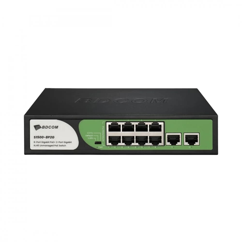 Коммутатор, BDCOM, S1500-8P2G, Неуправляемый, 8 портов PoE (90W) 10/100/1000M RJ45, 2 порта 10/100/1000M RJ45, Настольный