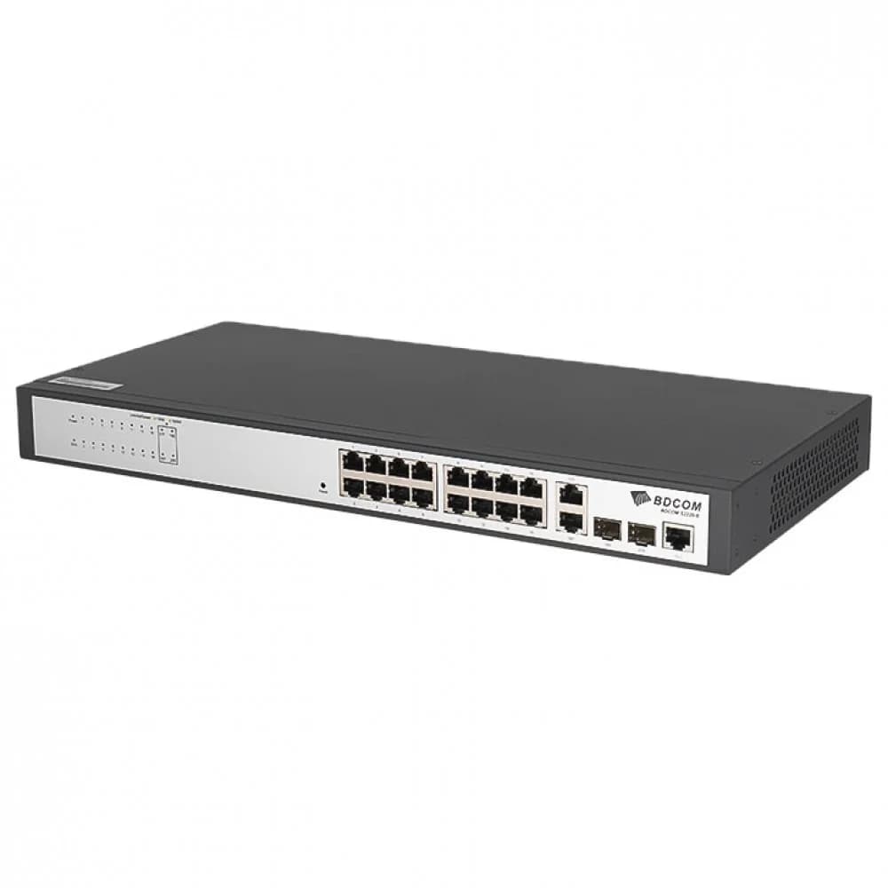 Коммутатор, BDCOM, S2220-B, Управляемый L2, 16 портов 10/100M RJ45, 2 порта 10/100/1000M RJ45, 2 порта 100/1000M SFP, Без вентилятора, Стоечный