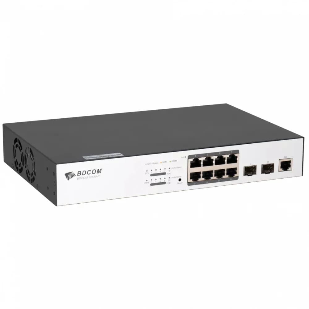 Коммутатор, BDCOM, S2510-P, Управляемый L2, 8 портов PoE (130W) 10/100/1000M RJ45, 2 порта 100/1000М SFP, Настольный