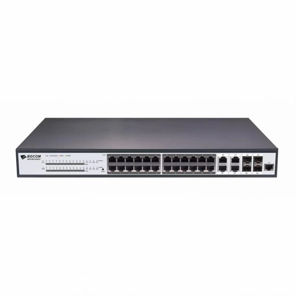 Коммутатор, BDCOM, S2528-P, Управляемый L2+, 24 порта PoE 10/100/1000M RJ45, 4 комбо-порта 1000M SFP, Бюджет PoE 370W, Стоечный 1U,
