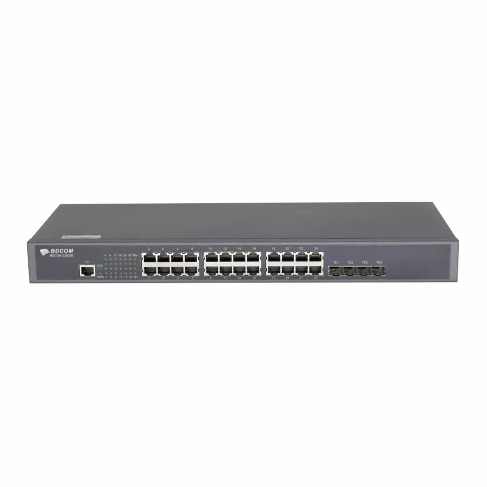 Коммутатор, BDCOM, S2900-24T4X, Управляемый L2+, 24 порта 10/100/1000M RJ45, 4 порта 10G SFP+, Без вентилятора, Стоечный