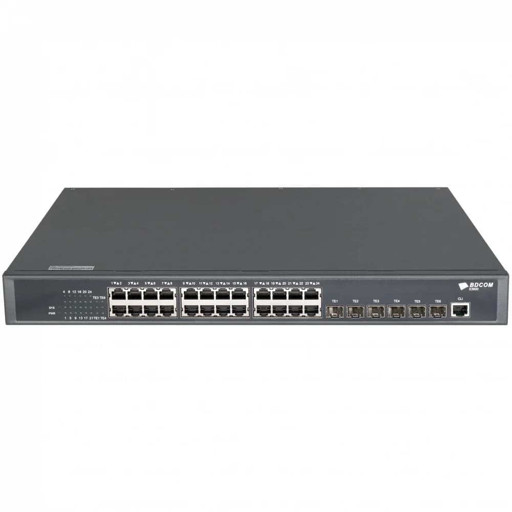 Коммутатор, BDCOM, S3900-24T6X, Управляемый L3, 24 порта 10/100/1000M RJ45, 6 портов 10G SFP+, Поддержка 2-х блоков питания, Стоечный