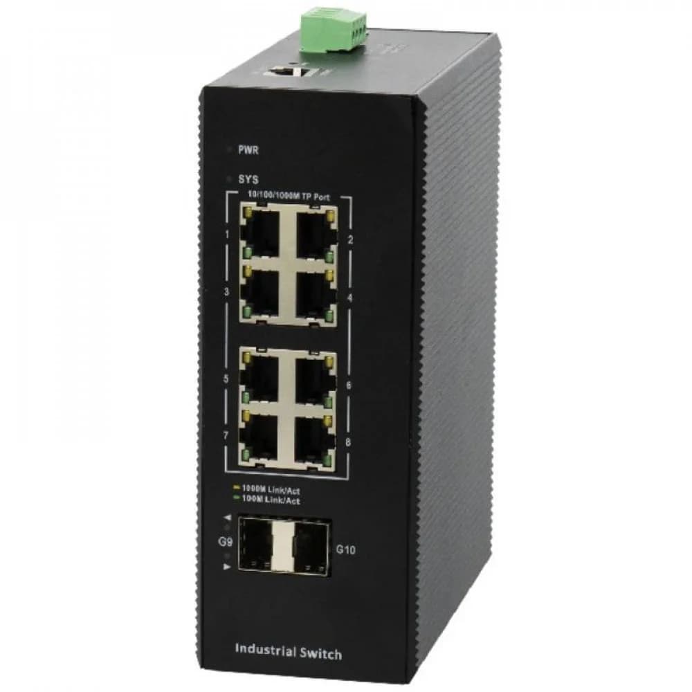 Индустриальный коммутатор, BDCOM, IES200-V25-2S8P, Управляемый L2, 8x 10/100/1000M портов, PoE (802.3af/at) 240W, 2x 1000M SFP слота, DC 48~55V резервный двойной вход питания, -40~75°C, DIN-rail