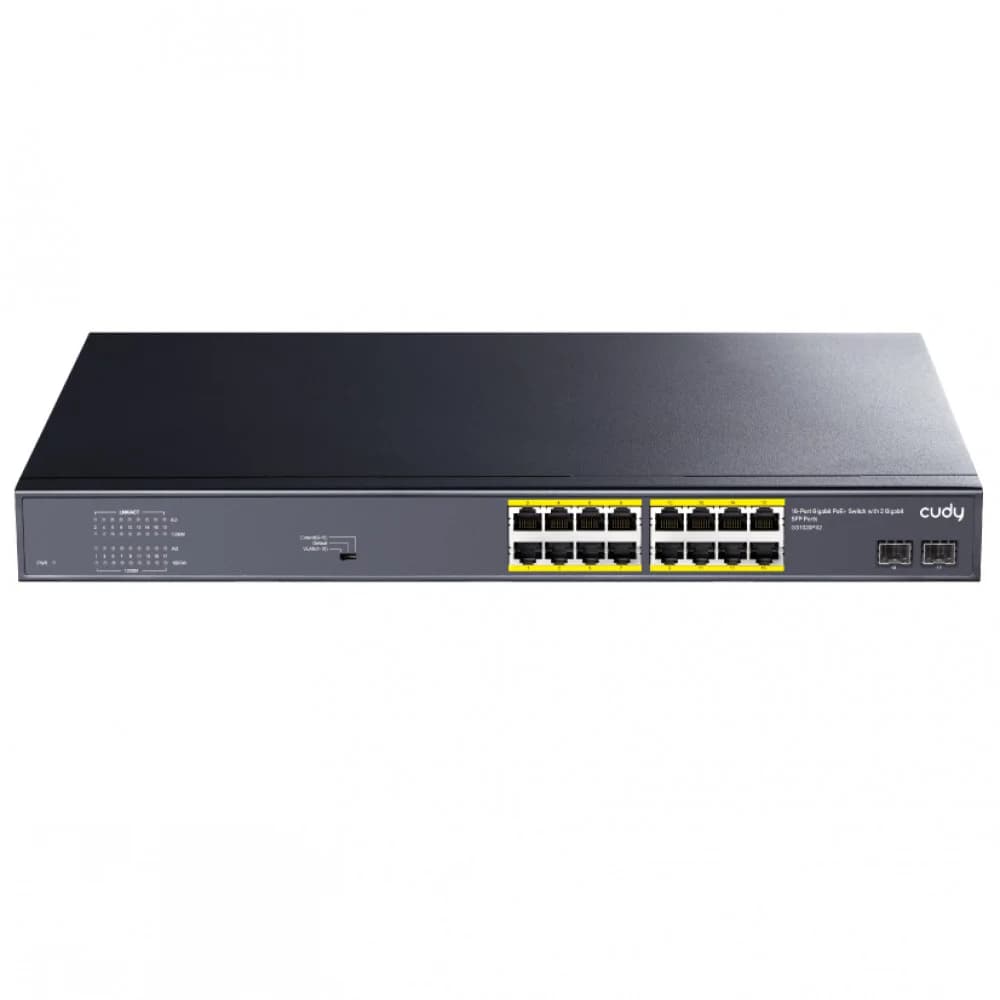 Коммутатор гигабитный 16-портовый CUDY GS1020PS2 16-10/100/1000 BASE-T Gigabit ports,19-inch, 2-1000 BASE-X SFP Slot, 16-port IEEE 802.3at PoE+ Injector, Supports PoE power up to 30W for each PoE po