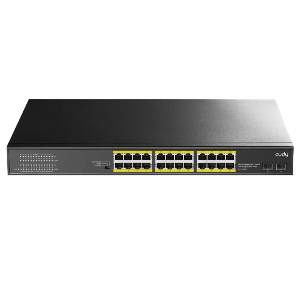 Коммутатор гигабитный 24-портовый CUDY GS1028PS2 <24-10/100/1000 BASE-T Gigabit ports, 19-inch, 2-1000 BASE-X SFP Slot, 24-port IEEE 802.3at PoE+ Injector, Supports PoE power up to 30W for each PoE