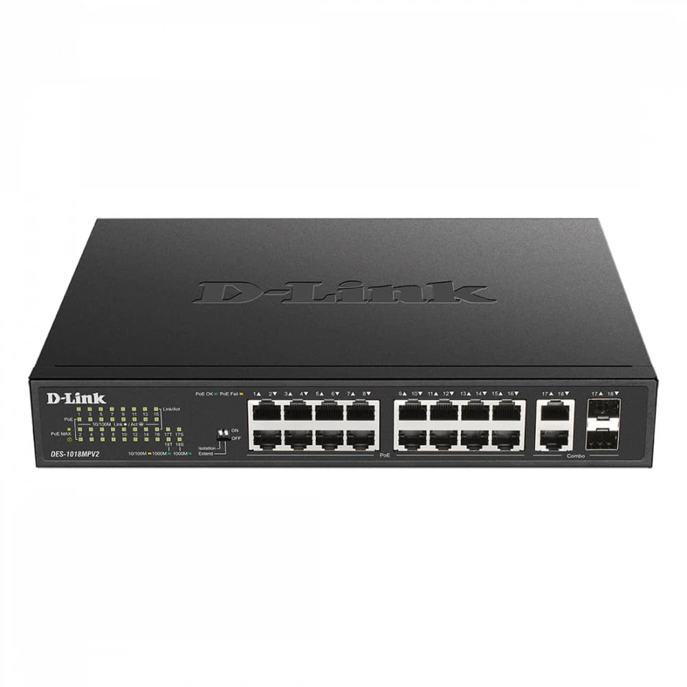 Коммутатор D-Link DES-1018MPV2/A 16x100Мбит/с 2x1Гбит/с 16PoE+ 247W неуправляемый