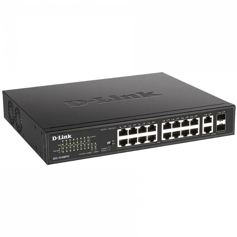 D-Link DES-1018MPV2/A1A, L2 Unmanaged Switch with 16 10/100Base-TX ports and 2 100/1000Base-T/SFP combo-ports (16 PoE ports 802.3af/at (30 W), PoE Budget 247 W).16K Mac address, Auto-sensing, 802.3x