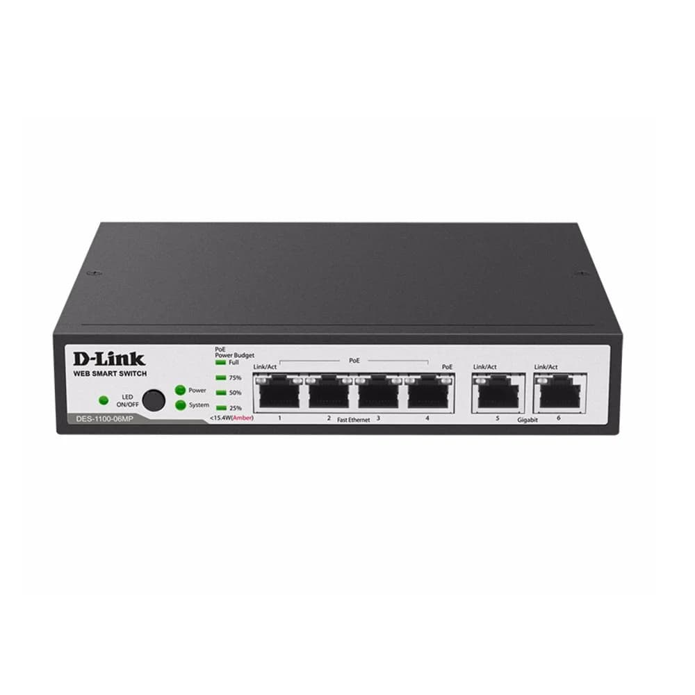 D-Link DES-1100-06MP/A1A Настраиваемый коммутатор 2 уровня с 4 портами 10/100Base-TX и 2 портами 10/100/1000Base-T (4 порта с поддержкой PoE 802.3af/802.3at (30 Вт), PoE-бюджет 80 Вт) Характеристики