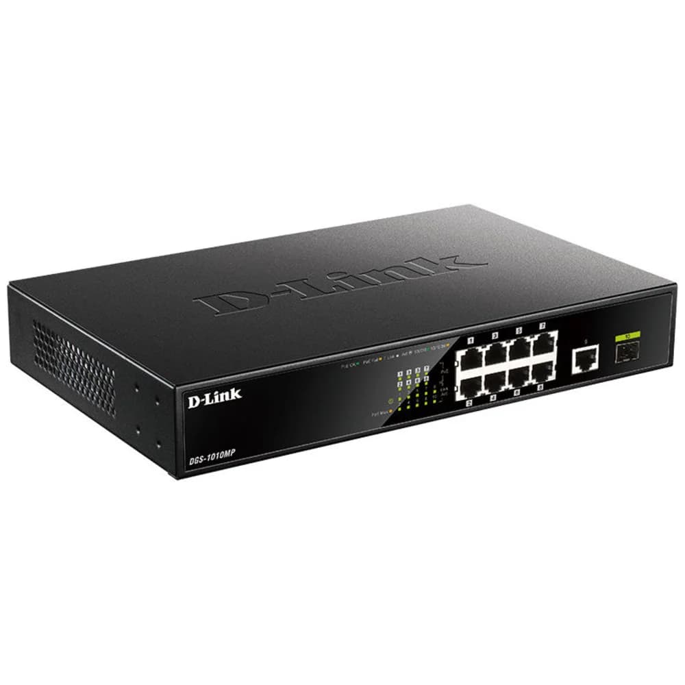 Коммутатор , D-Link, DGS-1010MP/A1A, Неуправляемый, 8 портов PoE 802.3af/at 10/100/1000Base-T, 1 порт 1000Base-X SFP,1 порт 10/100/1000Base-T, PoE‑бюджет 125 Вт