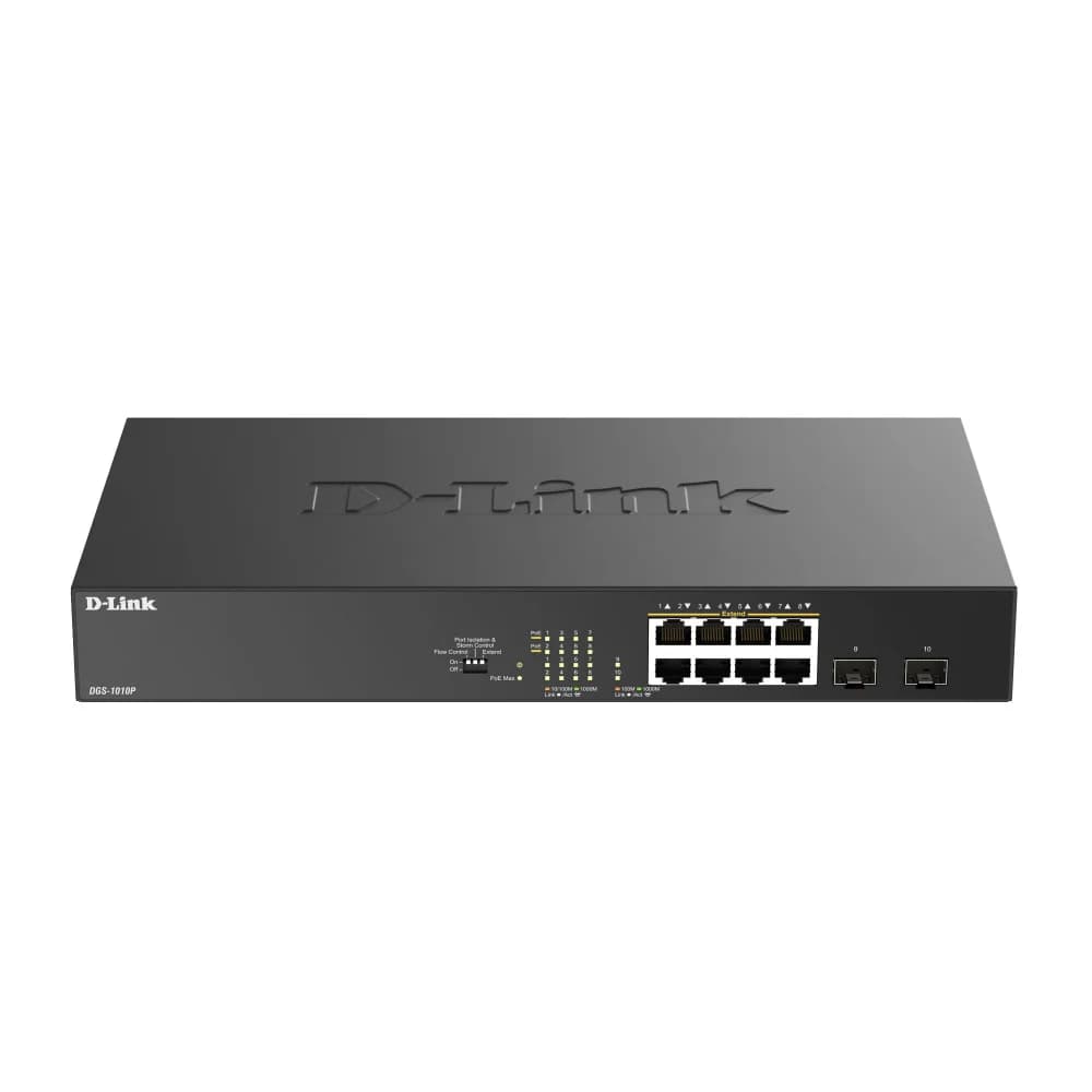 Коммутатор D-Link DGS-1010P/B1A 8x1Гбит/с 2SFP 8PoE 8PoE+ 125W неуправляемый