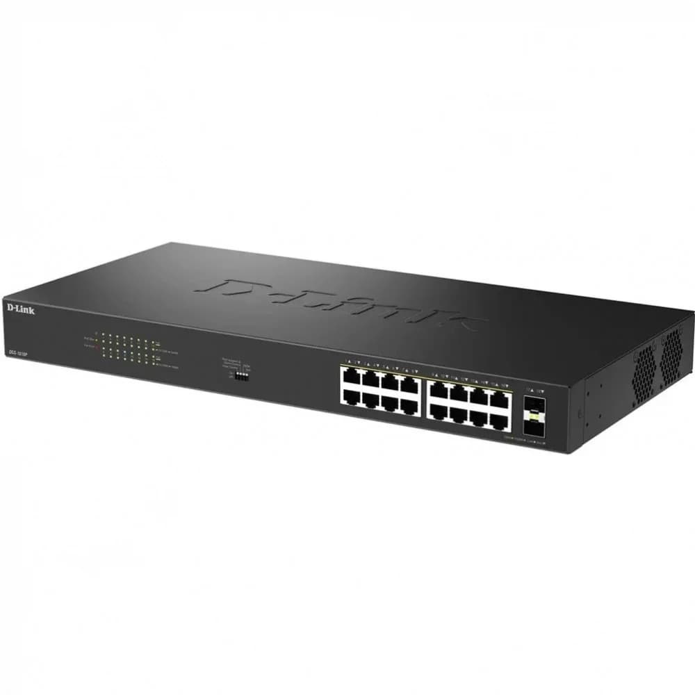 Коммутатор , D-Link, DGS-1018P/B1A, Конфигурируемый, 16 портов PoE 802.3af/at 10/100/1000Base-T, 2 порта 1000Base-X SFP, DIP-переключатели, PoEбюджет 240 Вт