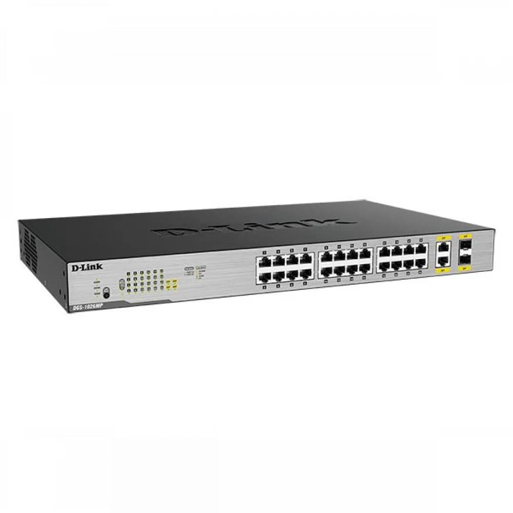 D-Link DGS-1026MP/B1A, L2 Unmanaged Switch with 24 10/100/1000Base-T ports and 2 100/1000Base-T SFP combo-ports (24 PoE ports 802.3af/802.3at (30 W), PoE Budget 370).8K Mac address, Auto-sensing, 80