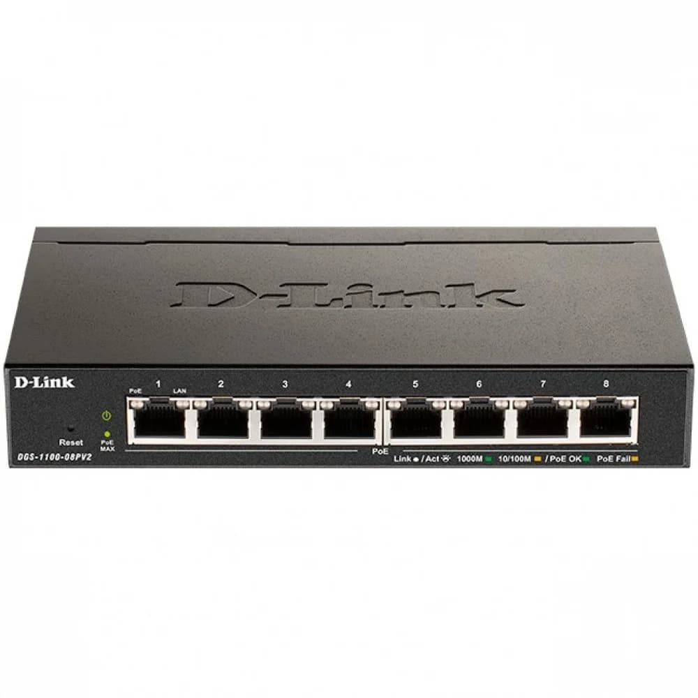 Коммутатор, D-Link, DGS-1100-08PV2/A3A, Настраиваемый L2, 8 портов 10/100/1000Base-T (PoE 802.3af/at, PoE-бюджет 64 Вт)