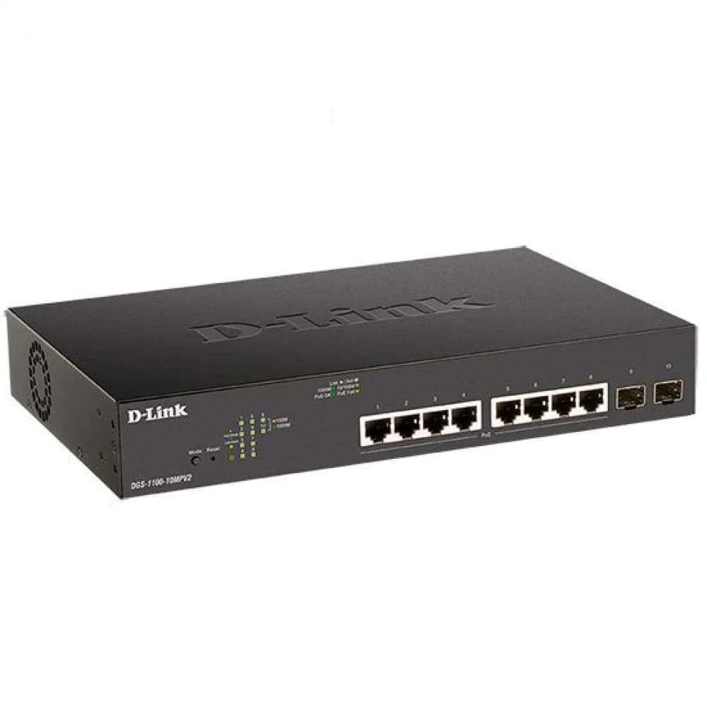 D-Link DGS-1100-10MPV2/A3A Настраиваемый L2 коммутатор с 8 портами 10/100/1000Base-T и 2 портами 1000Base-X SFP (8 портов PoE 802.3af/at, PoE-бюджет 130 Вт)
