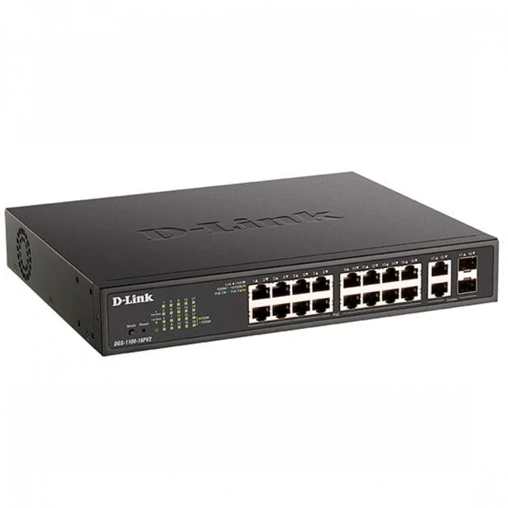 Коммутатор D-Link DGS-1100-18PV2/A 16G 2SFP 130W настраиваемый