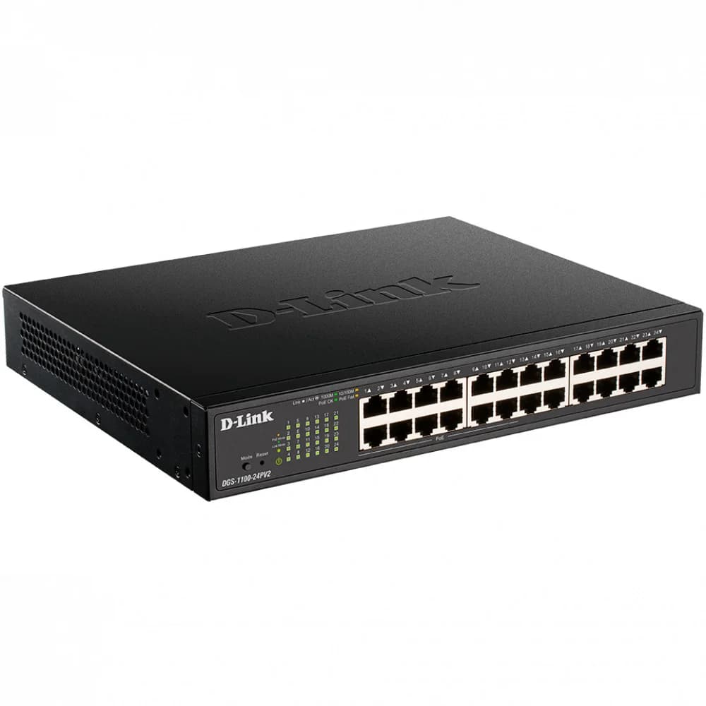 Коммутатор, D-Link, DGS-1100-24PV2/A3A, Настраиваемый L2, 24 порта 10/100/1000Base-T (12 портов РоЕ 802.3af/at, PoE-бюджет 100 Вт), Стоечный