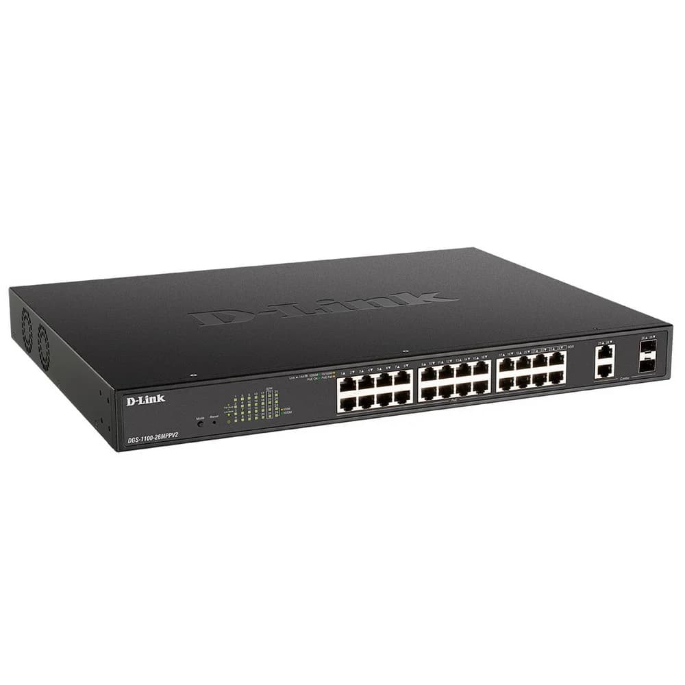 D-Link DGS-1100-26MPPV2/A3A Настраиваемый L2 коммутатор с 24 портами 10/100/1000Base-T и 2 комбо-портами 1000Base-T/SFP (порты 1-24 PoE 802.3af/at, порты 21-24 PoE 802.3bt, PoE-бюджет 525 Вт)