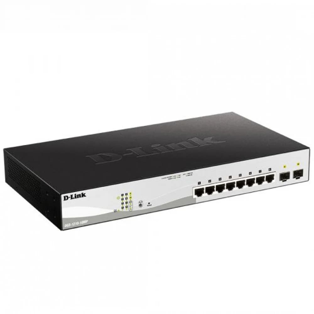 Коммутатор, D-Link, DGS-1210-10MP/F3A, L2 коммутатор с 8 портами 10/100/1000Base-T и 2 портами 1000Base-X SFP (8 портов PoE 802.3af/at, PoE-бюджет 130 Вт)
