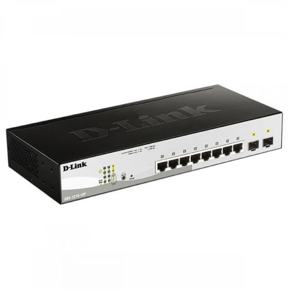 D-Link DGS-1210-10P/F3A Настраиваемый L2 коммутатор с 8 портами 10/100/1000Base-T и 2 портами 1000Base-X SFP (8 портов PoE 802.3af/at, PoE-бюджет 65 Вт)