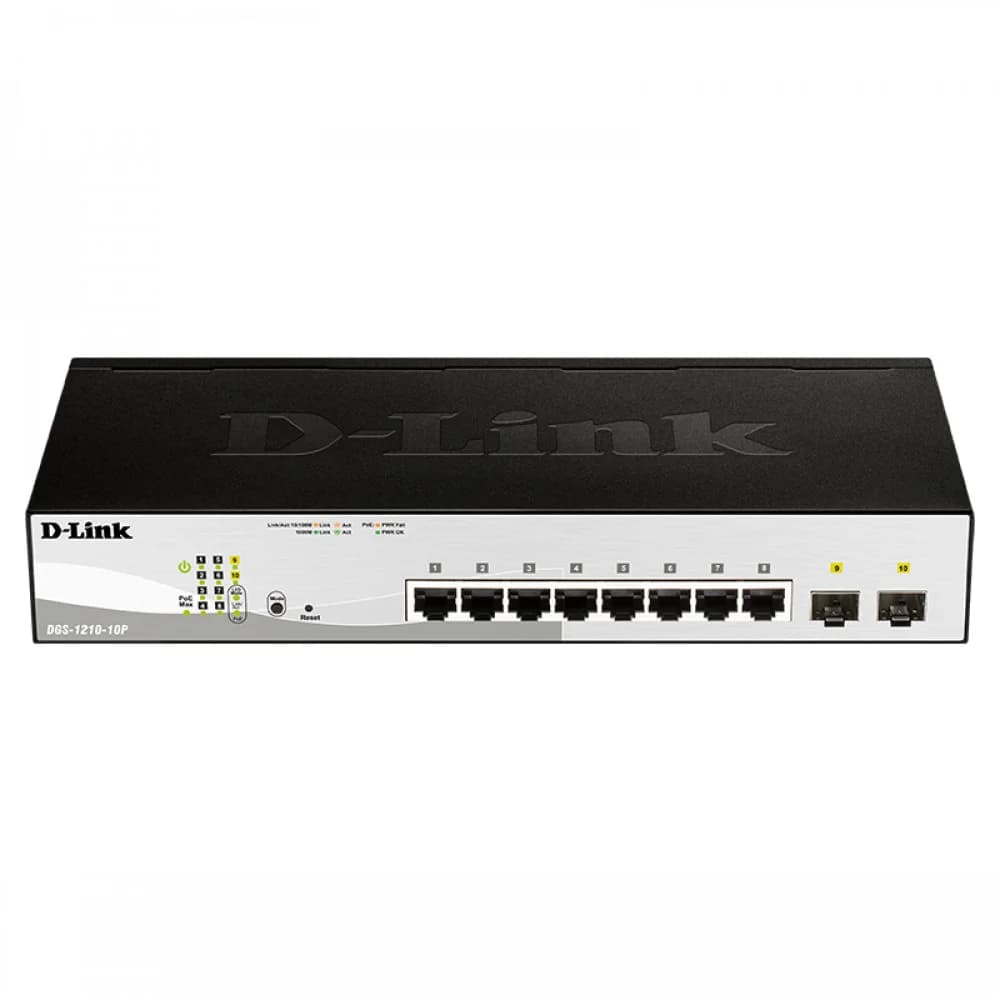 Коммутатор/ DGS-1210-10P/FL Managed L2 Switch 8x1000Base-T PoE, 2x1000Base-X SFP, PoE Budget 65W, Surge 6KV, CLI