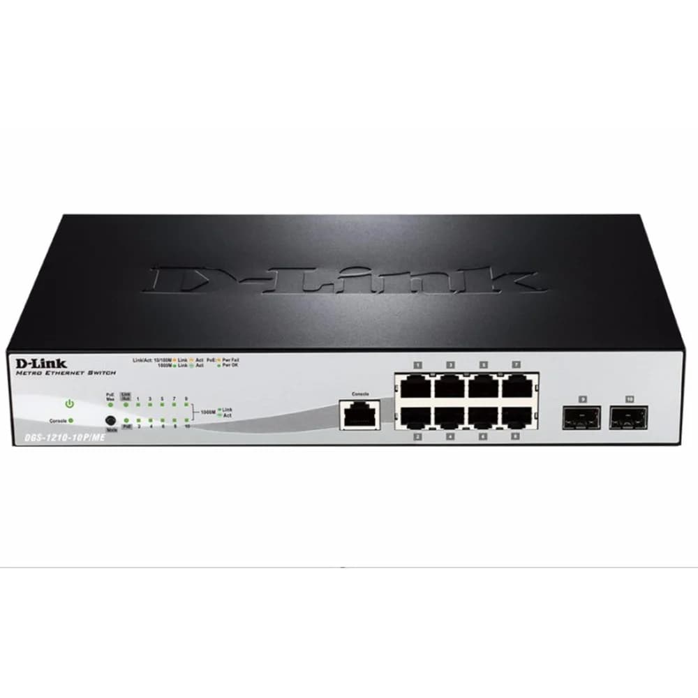 D-Link DGS-1210-10P/ME/A1A Управляемый коммутатор 2 уровня с 8 портами 10/100/1000Base-T и 2 портами 1000Base-X SFP (8 портов с поддержкой PoE 802.3af/802.3at (30 Вт), PoE-бюджет 78 Вт) Характеристи