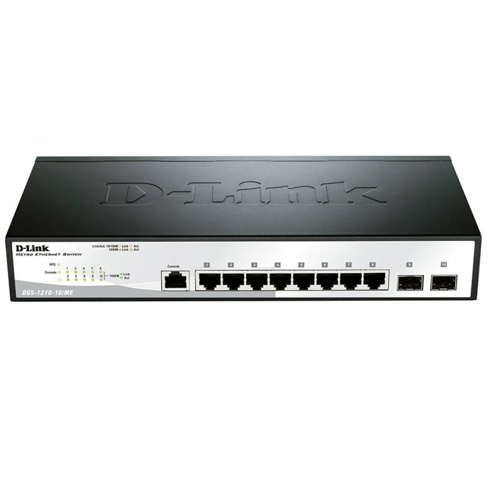 Коммутатор Управляемый L2 коммутатор, 8x1000Base-T, 2x10GBase-X SFP+, защита от статического электричества до 6 кВ, CLI, консольный порт RJ-45, RPS, поддержка Dying Gasp