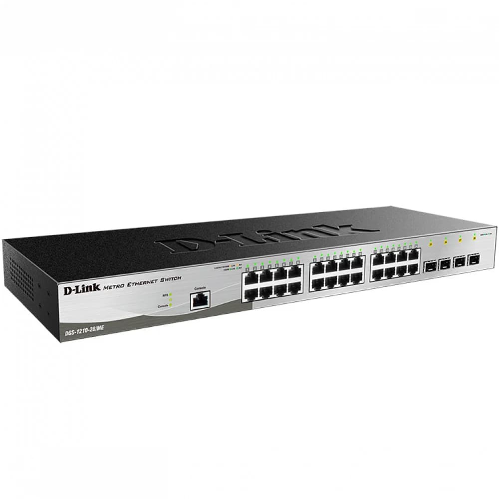 Коммутатор, D-Link, DGS-1210-28/ME/B2A, 19-дюймовый стоечный, 24 порта 10/100/1000M RJ45 + 4 порта 100/1000М/SFP, Управляемый (L2), Корпус металл, 1U