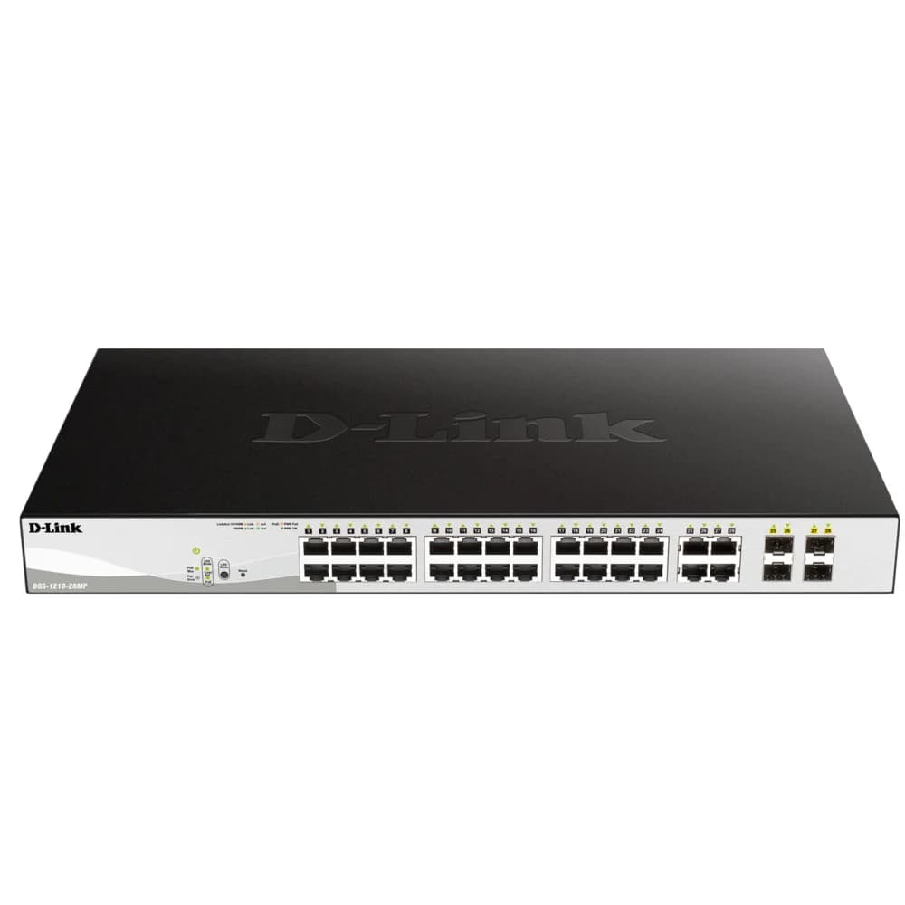 Коммутатор D-Link DGS-1210-28MP Коммутатор, D-Link, DGS-1210-28MP/F1A, 19-дюймовый стоечный, 24 порта 10/100/1000M RJ45 + 4 комбо-порта SFP, Управляемый, Корпус металл, 1U, PoE (802.3af/802.3at), Po