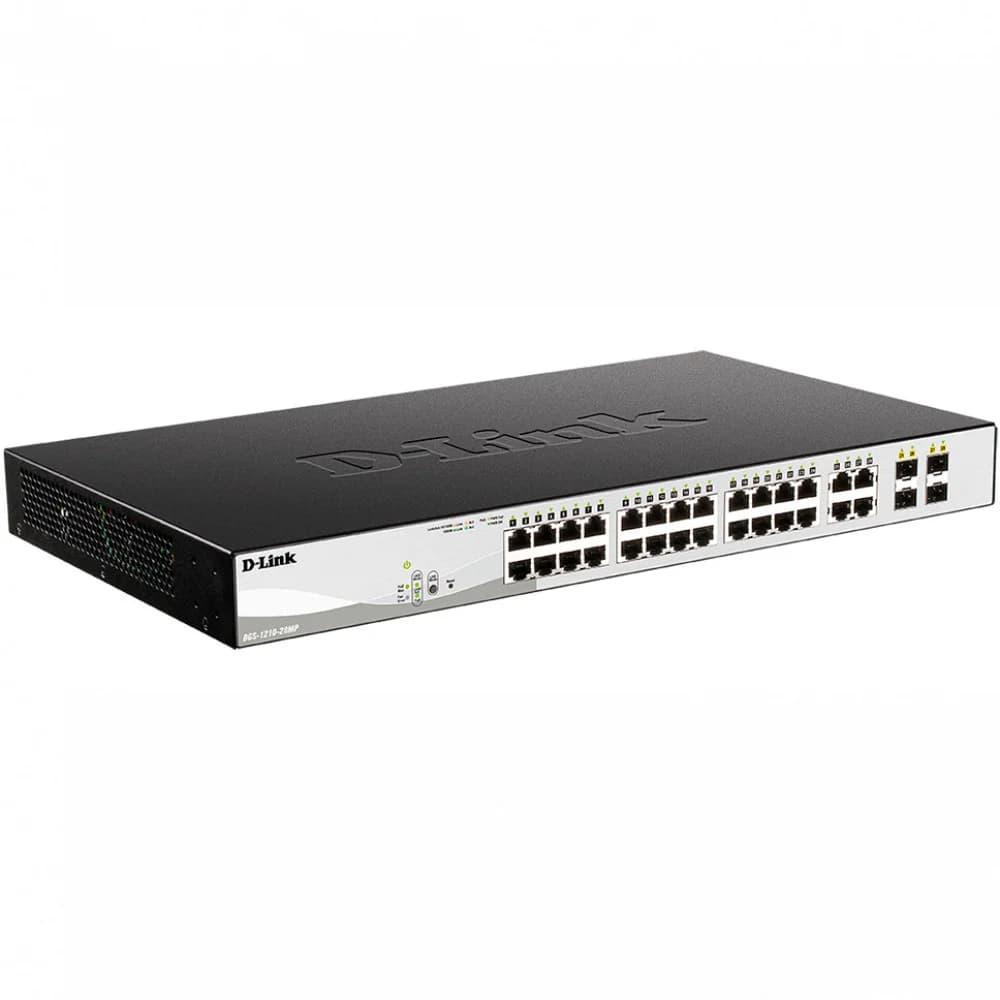 Коммутатор, D-Link, DGS-1210-28MP/F4A, Управляемый L2, 24 порта 10/100/1000Base-T, PoE 802.3af/at, PoE-бюджет 370 Вт, 4 комбо-порта 100/1000Base-T/SFP, Стоечный