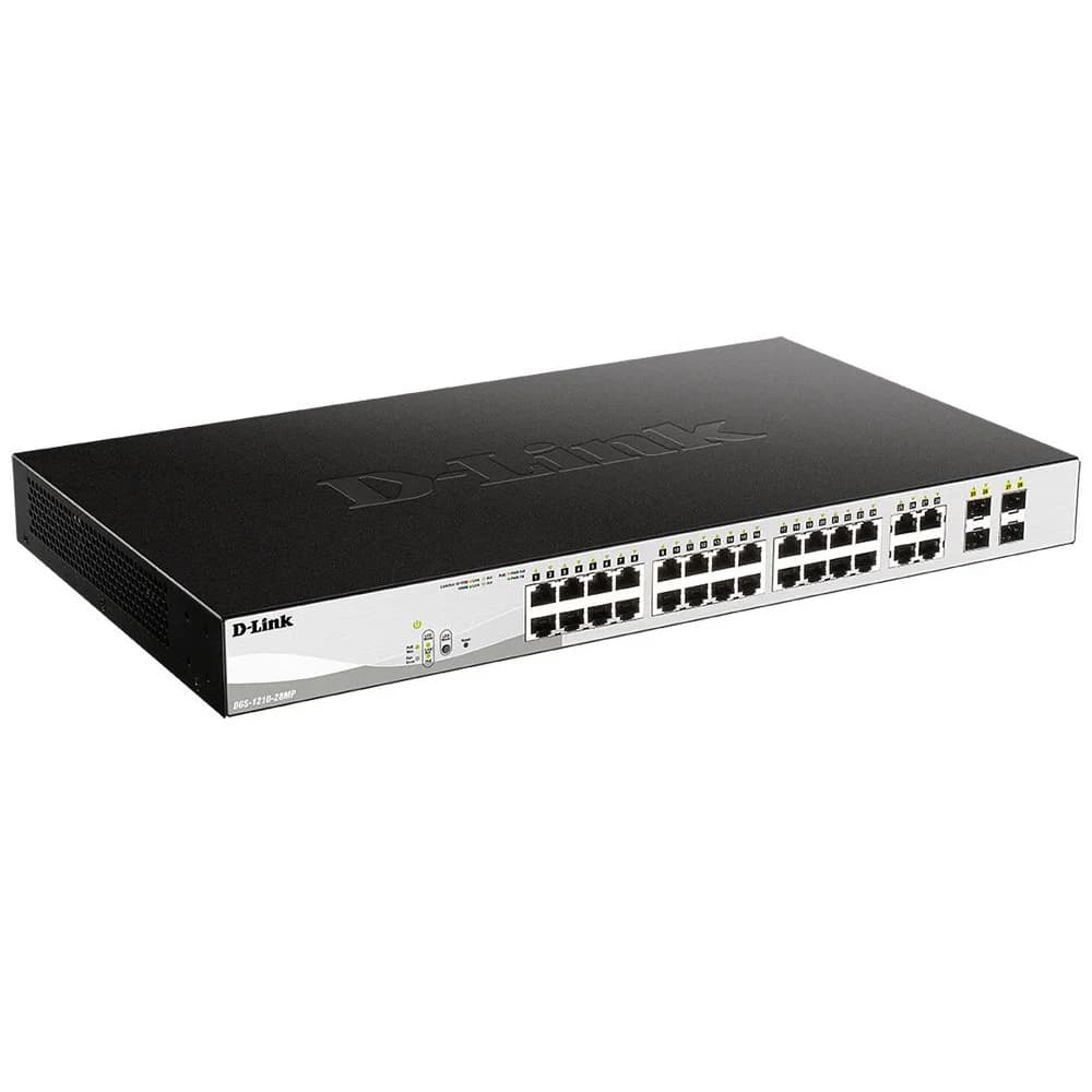 D-Link DGS-1210-28MP/FL1A, L2 Managed Switch with 24 10/100/1000Base-T ports and 4 100/1000Base-T/SFP combo-ports (24 PoE ports 802.3af/802.3at (30 W), PoE Budget 370 W).8K Mac address, 802.3x Flow