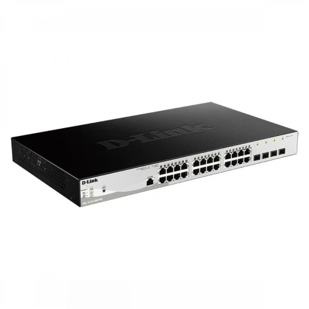 Коммутатор, D-Link, DGS-1210-28MP/ME/B2A, Управляемый L2, 24 порта 10/100/1000Base-T, 4 порта 1000Base-X SFP (24 порта PoE 802.3af/at, PoE-бюджет 370 Вт)
