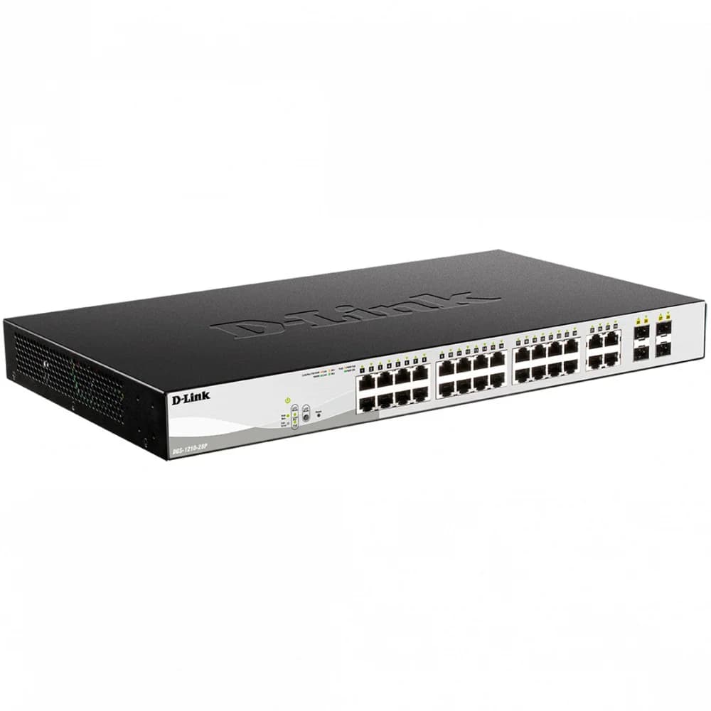 Коммутатор, D-Link, DGS-1210-28P/F5A, 19-дюймовый стоечный, 24 порта 10/100/1000M RJ45+4 порта SFP, Управляемый, Корпус металл, 1U, PoE (802.3af/802.3at), PoE бюджет 193 Вт
